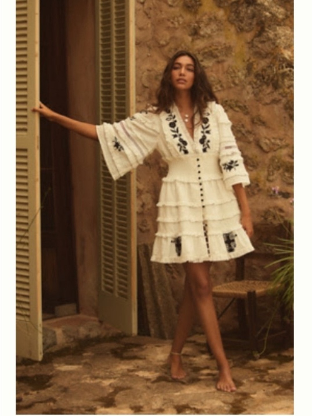 Anthropologie White Mini Dress with Black Floral Embroidery